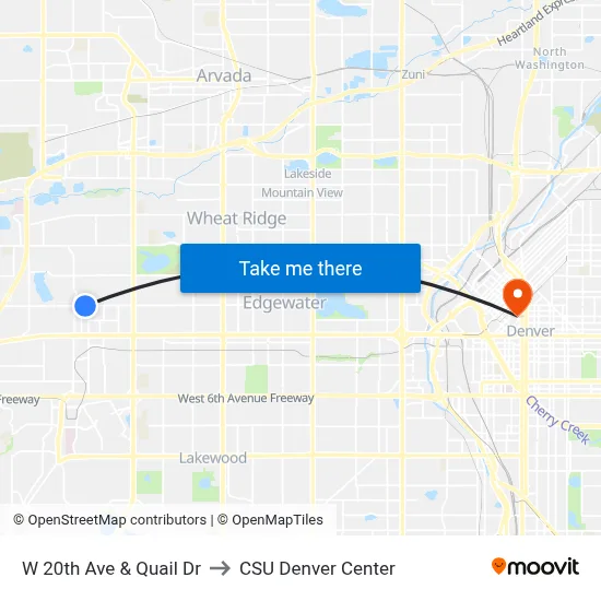W 20th Ave & Quail Dr to CSU Denver Center map