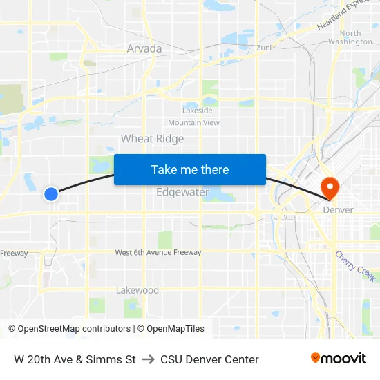 W 20th Ave & Simms St to CSU Denver Center map