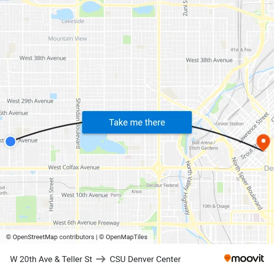 W 20th Ave & Teller St to CSU Denver Center map