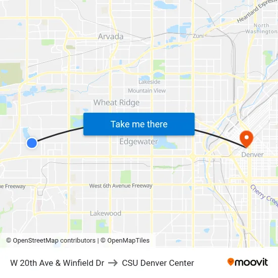 W 20th Ave & Winfield Dr to CSU Denver Center map