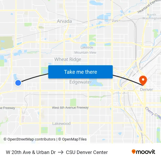 W 20th Ave & Urban Dr to CSU Denver Center map