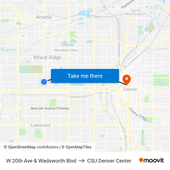 W 20th Ave & Wadsworth Blvd to CSU Denver Center map