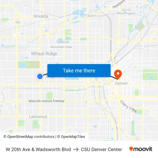 W 20th Ave & Wadsworth Blvd to CSU Denver Center map