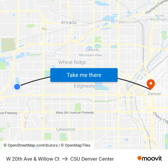 W 20th Ave & Willow Ct to CSU Denver Center map
