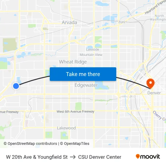 W 20th Ave & Youngfield St to CSU Denver Center map