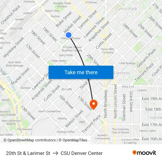 20th St & Larimer St to CSU Denver Center map