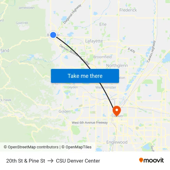 20th St & Pine St to CSU Denver Center map