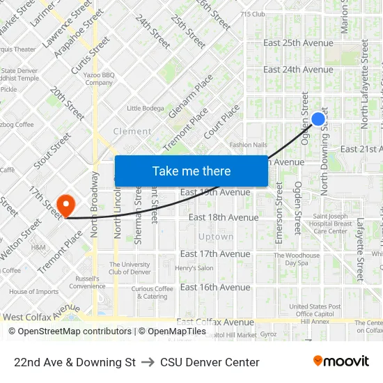 22nd Ave & Downing St to CSU Denver Center map