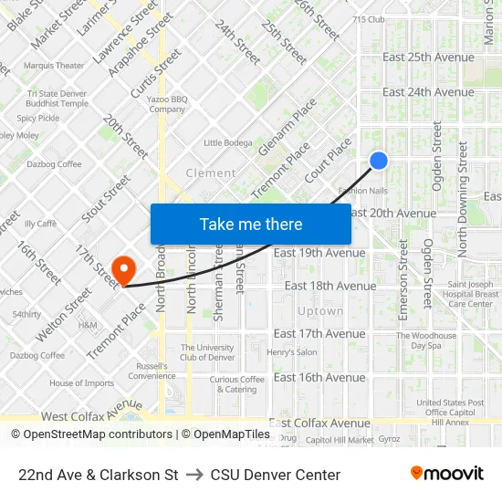 22nd Ave & Clarkson St to CSU Denver Center map