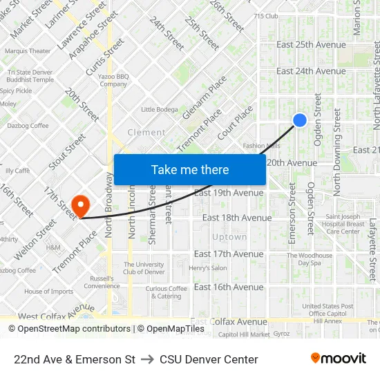 22nd Ave & Emerson St to CSU Denver Center map
