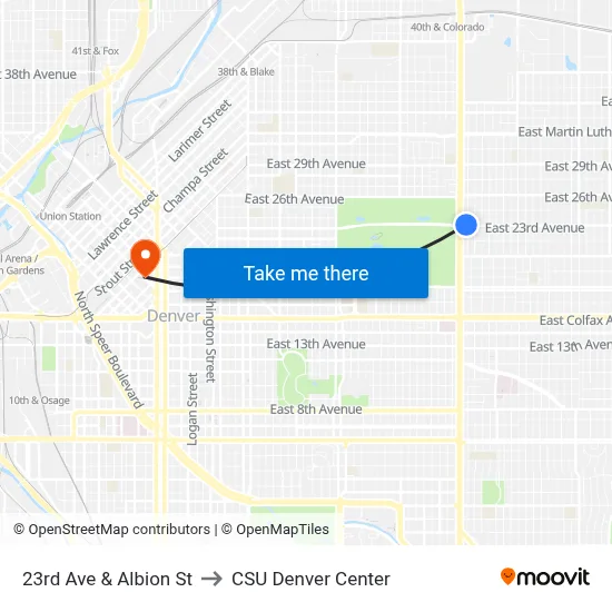 23rd Ave & Albion St to CSU Denver Center map