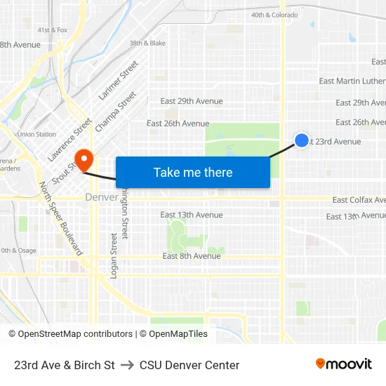 23rd Ave & Birch St to CSU Denver Center map