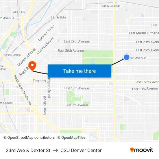 23rd Ave & Dexter St to CSU Denver Center map