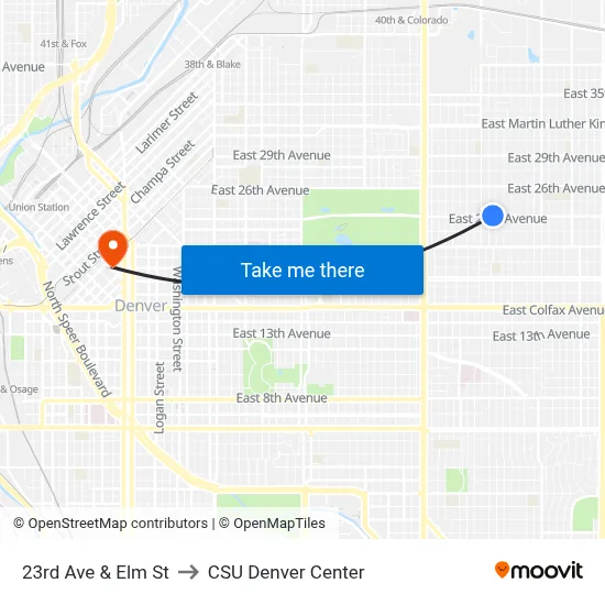 23rd Ave & Elm St to CSU Denver Center map