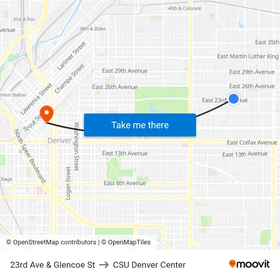 23rd Ave & Glencoe St to CSU Denver Center map