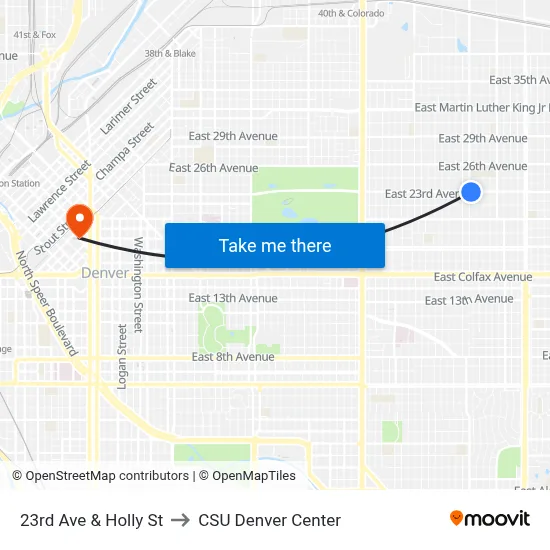 23rd Ave & Holly St to CSU Denver Center map