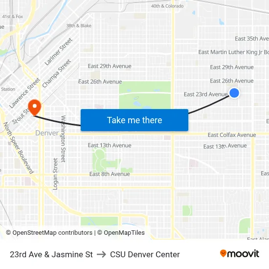23rd Ave & Jasmine St to CSU Denver Center map