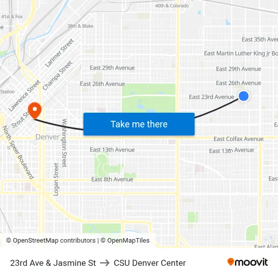 23rd Ave & Jasmine St to CSU Denver Center map