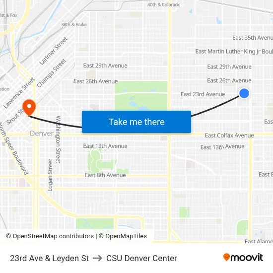 23rd Ave & Leyden St to CSU Denver Center map