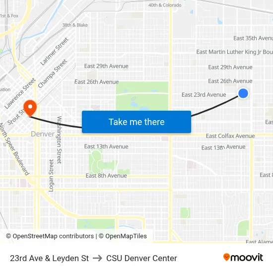 23rd Ave & Leyden St to CSU Denver Center map