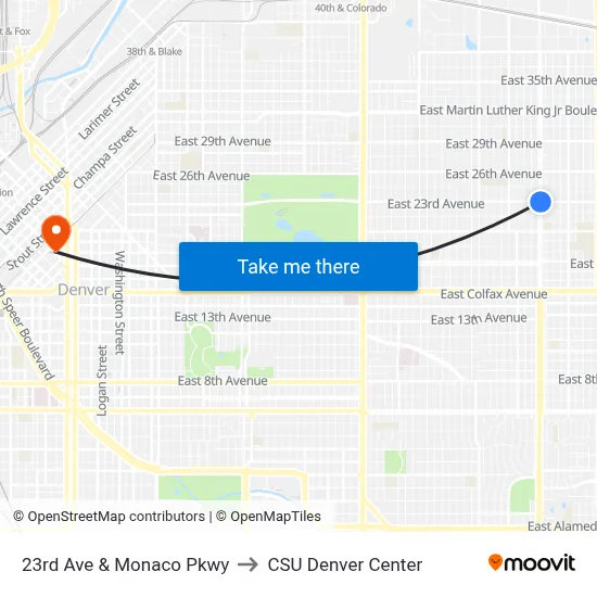 23rd Ave & Monaco Pkwy to CSU Denver Center map