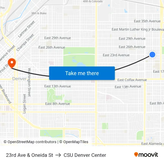 23rd Ave & Oneida St to CSU Denver Center map