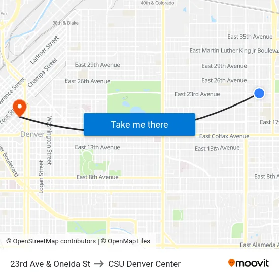 23rd Ave & Oneida St to CSU Denver Center map