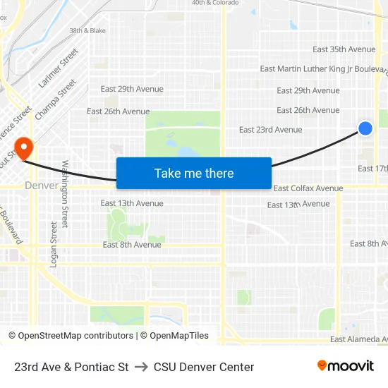 23rd Ave & Pontiac St to CSU Denver Center map