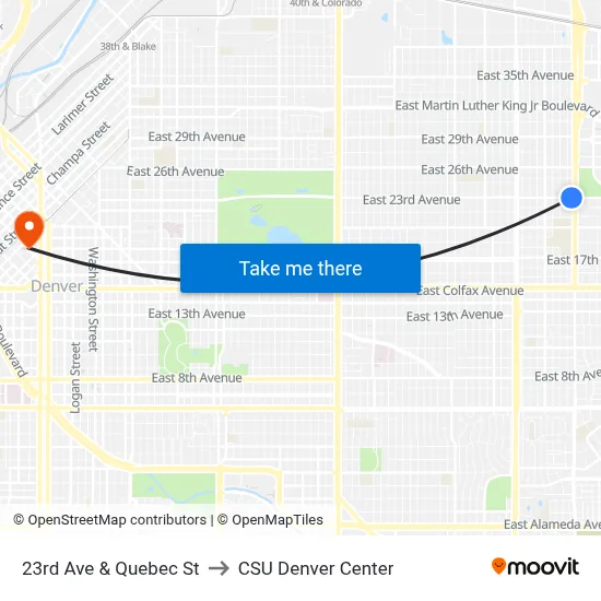 23rd Ave & Quebec St to CSU Denver Center map