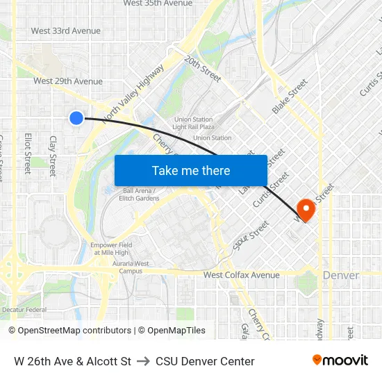 W 26th Ave & Alcott St to CSU Denver Center map