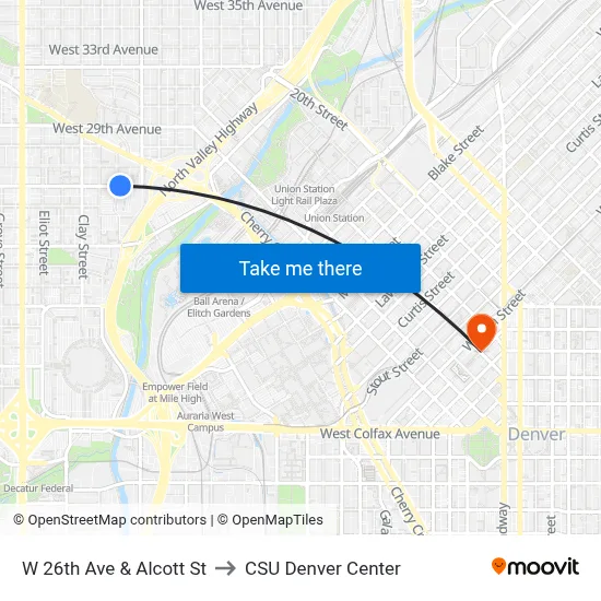 W 26th Ave & Alcott St to CSU Denver Center map