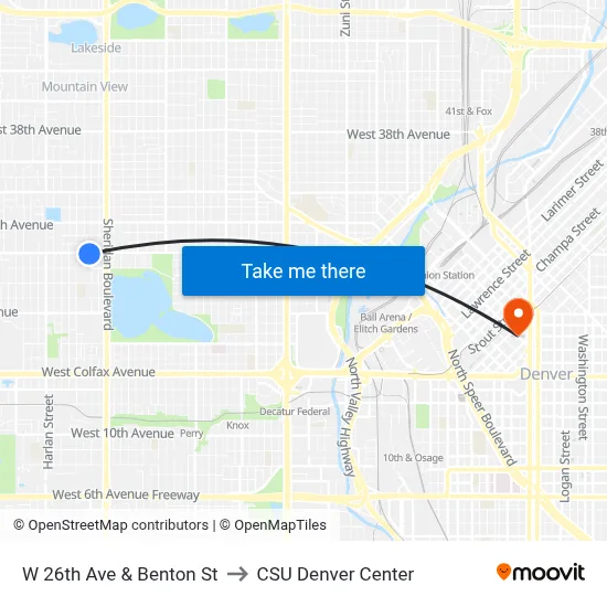 W 26th Ave & Benton St to CSU Denver Center map