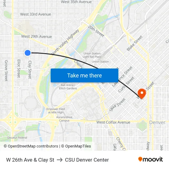 W 26th Ave & Clay St to CSU Denver Center map