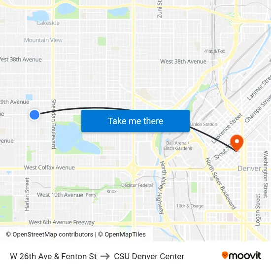 W 26th Ave & Fenton St to CSU Denver Center map