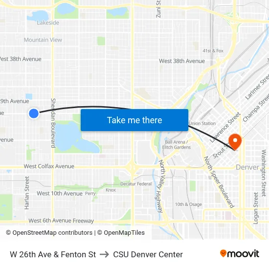W 26th Ave & Fenton St to CSU Denver Center map