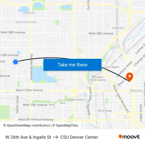 W 26th Ave & Ingalls St to CSU Denver Center map