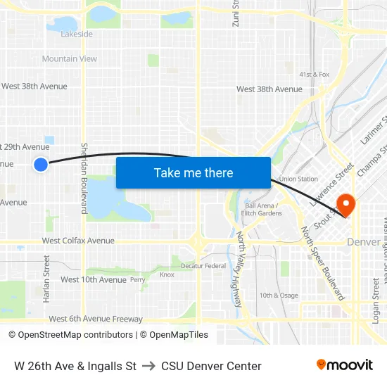 W 26th Ave & Ingalls St to CSU Denver Center map