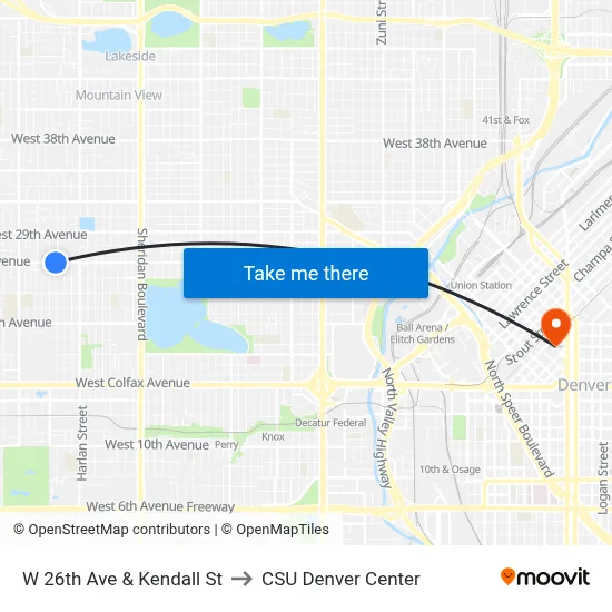 W 26th Ave & Kendall St to CSU Denver Center map