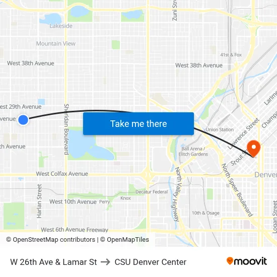 W 26th Ave & Lamar St to CSU Denver Center map