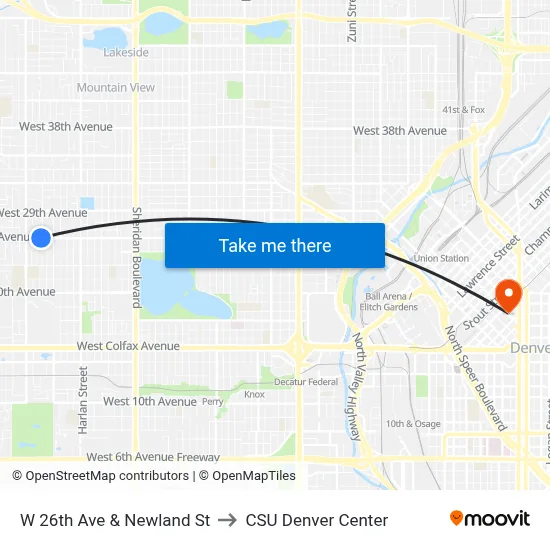 W 26th Ave & Newland St to CSU Denver Center map