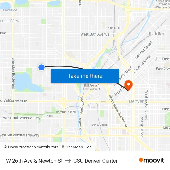 W 26th Ave & Newton St to CSU Denver Center map