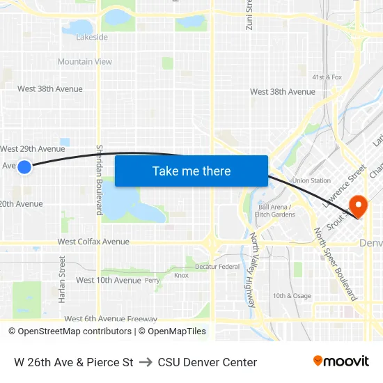 W 26th Ave & Pierce St to CSU Denver Center map