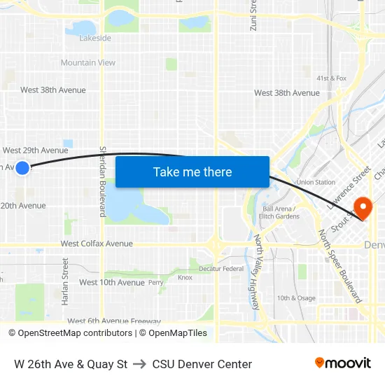 W 26th Ave & Quay St to CSU Denver Center map