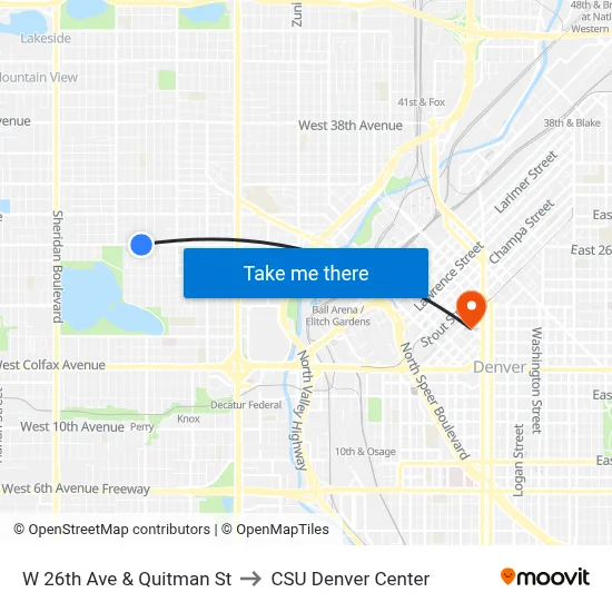W 26th Ave & Quitman St to CSU Denver Center map