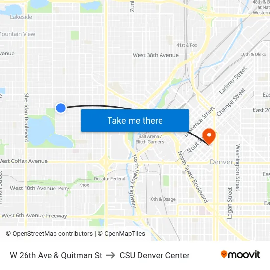 W 26th Ave & Quitman St to CSU Denver Center map