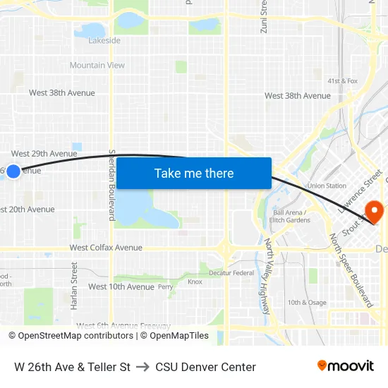W 26th Ave & Teller St to CSU Denver Center map