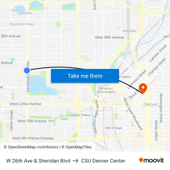 W 26th Ave & Sheridan Blvd to CSU Denver Center map