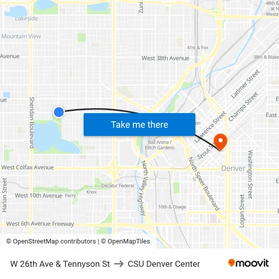 W 26th Ave & Tennyson St to CSU Denver Center map