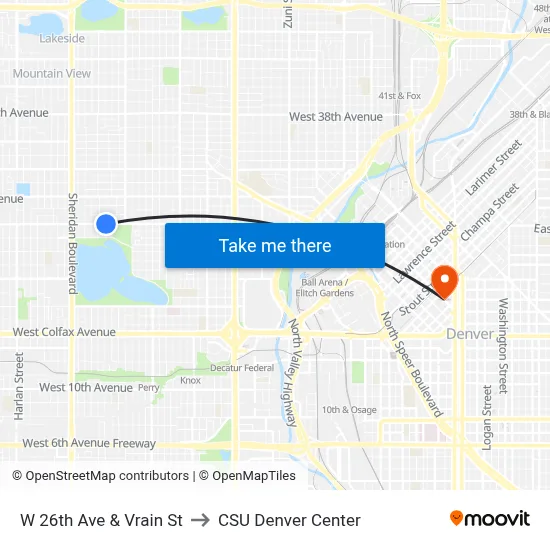 W 26th Ave & Vrain St to CSU Denver Center map