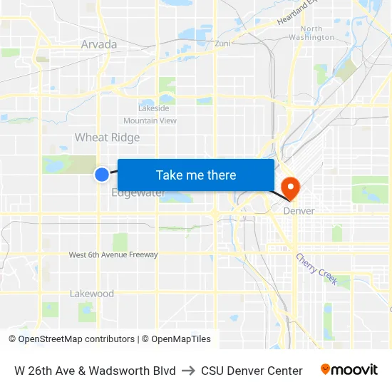 W 26th Ave & Wadsworth Blvd to CSU Denver Center map